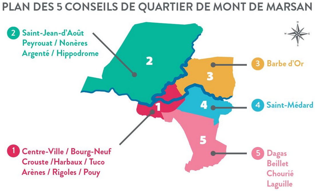 image : Plan des 5 conseils de quartier de Mont de Marsan 2022-2025